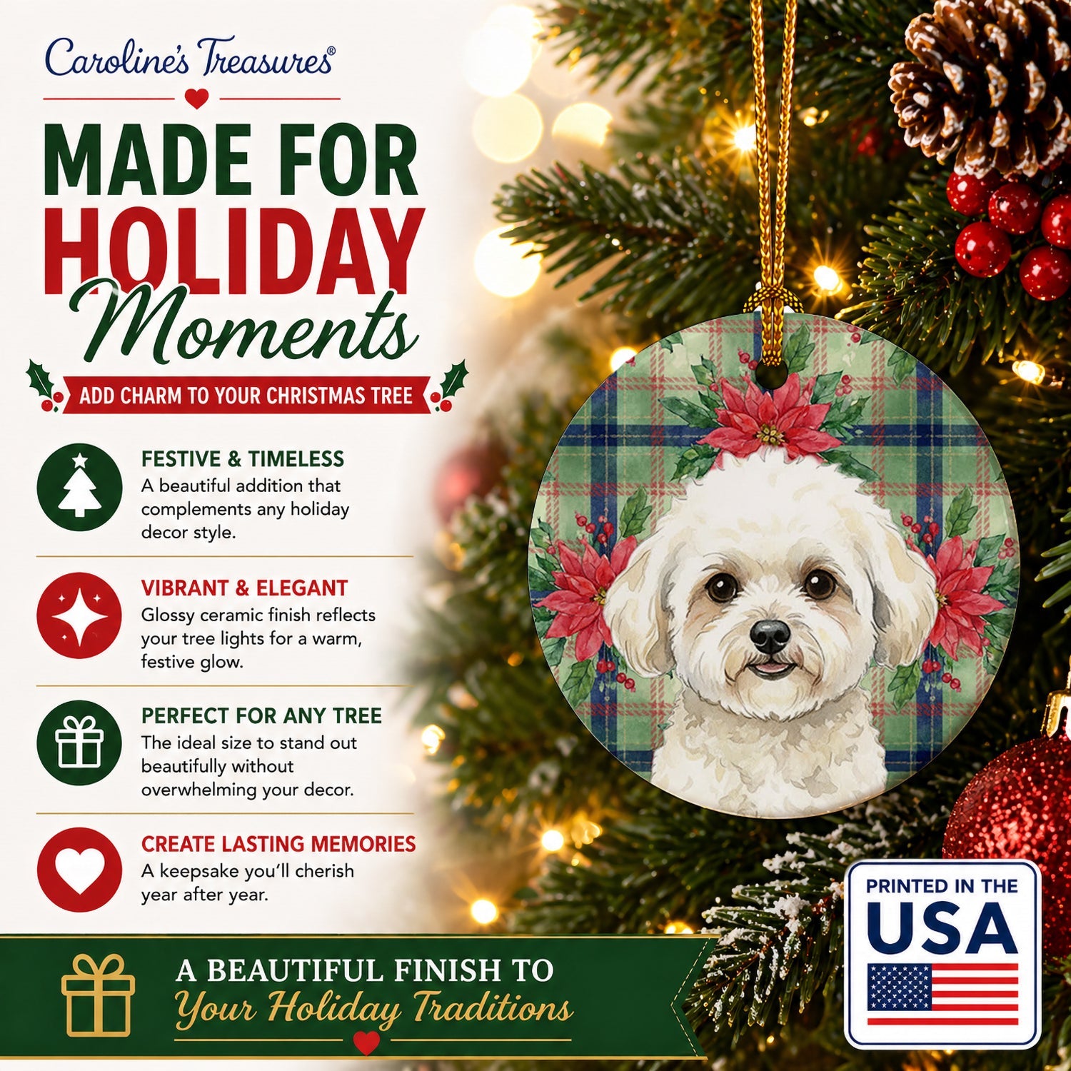 White and Cream Bichon Frise Christmas PoinsettIas Ceramic Ornament Christmas Tree Hanging Decorations for Home Christmas Holiday, Party, Gift, 3 in, Multicolor