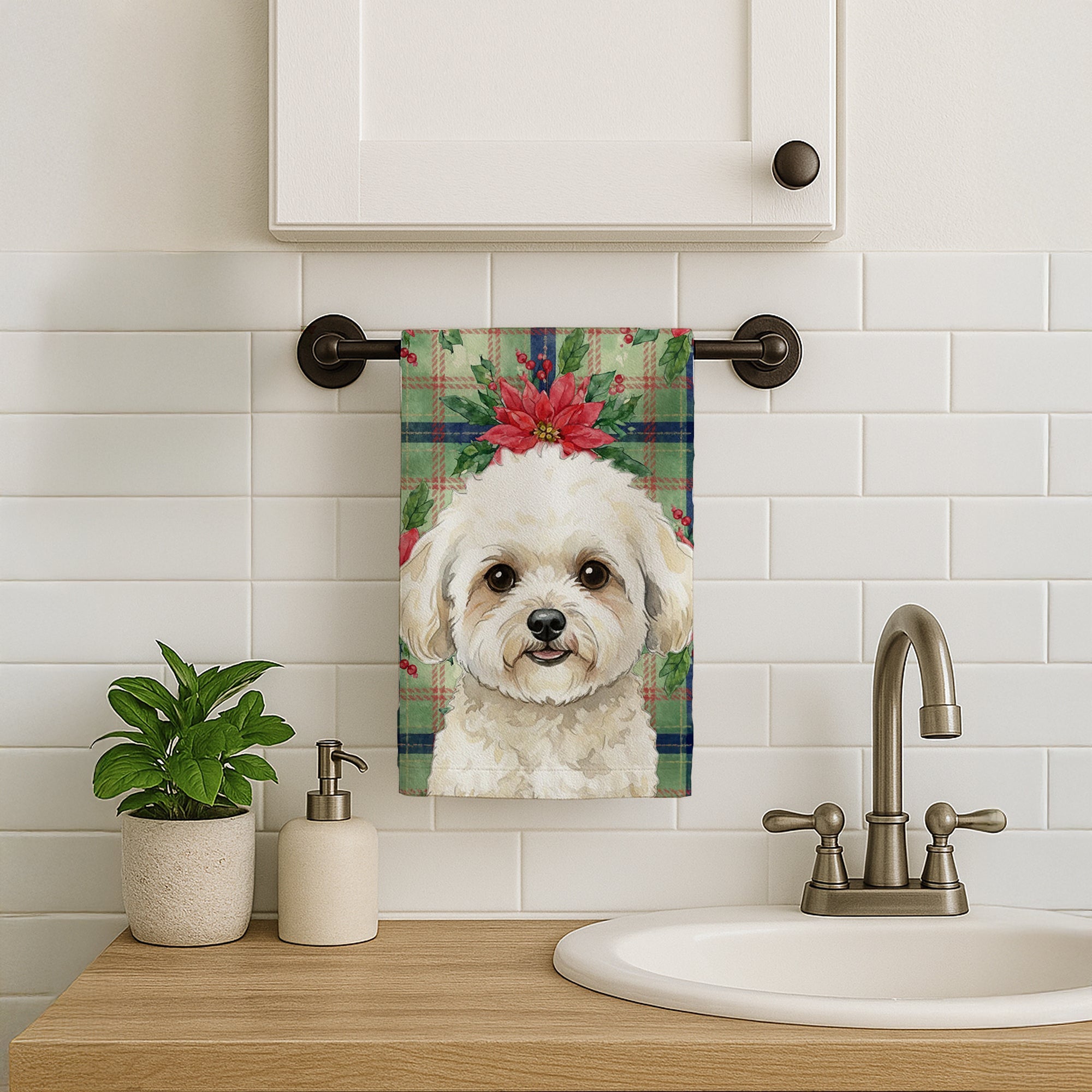 White and Cream Bichon Frise Christmas PoinsettIas Kitchen Towel Velour Plush Front and Cotton Loop Back Machine Washable