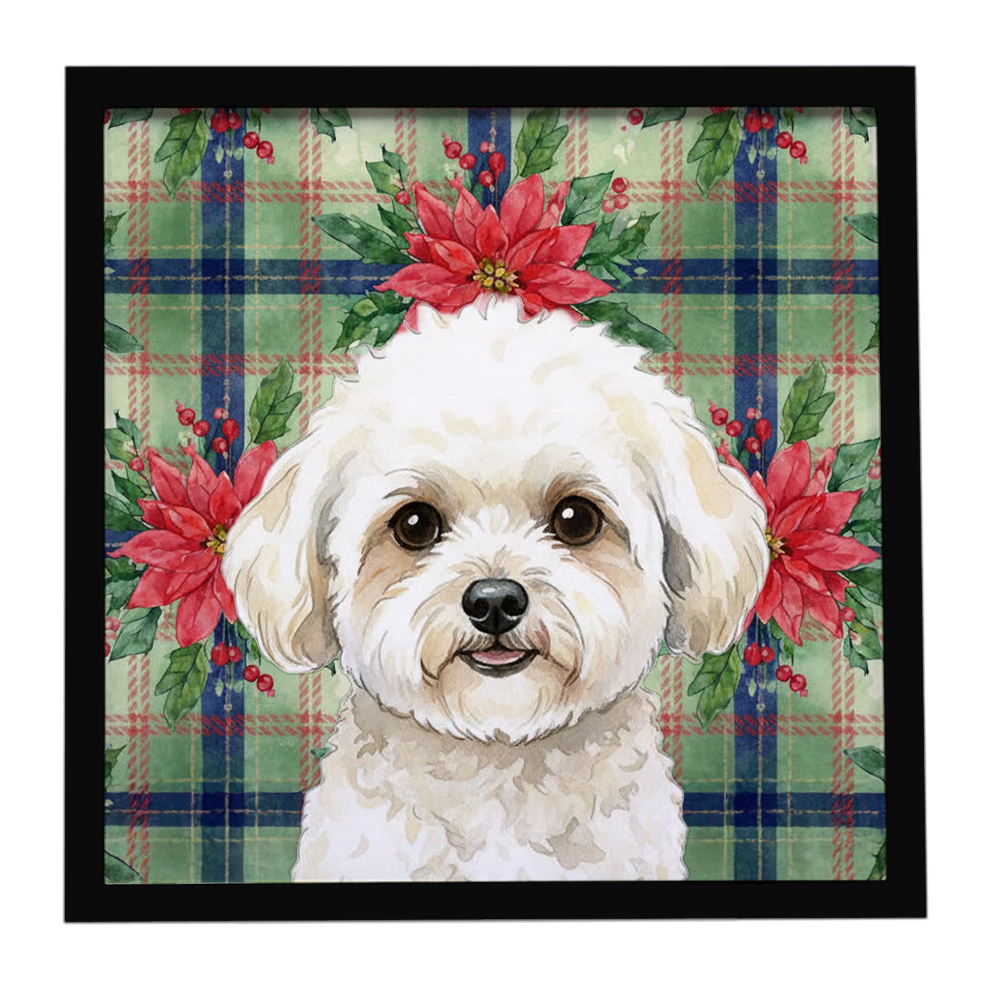 White and Cream Bichon Frise Christmas PoinsettIas Framed Metal Print Bathroom, Kitchen, Office, Home Decor Wall Art Ready to Hang, Square, 8X8