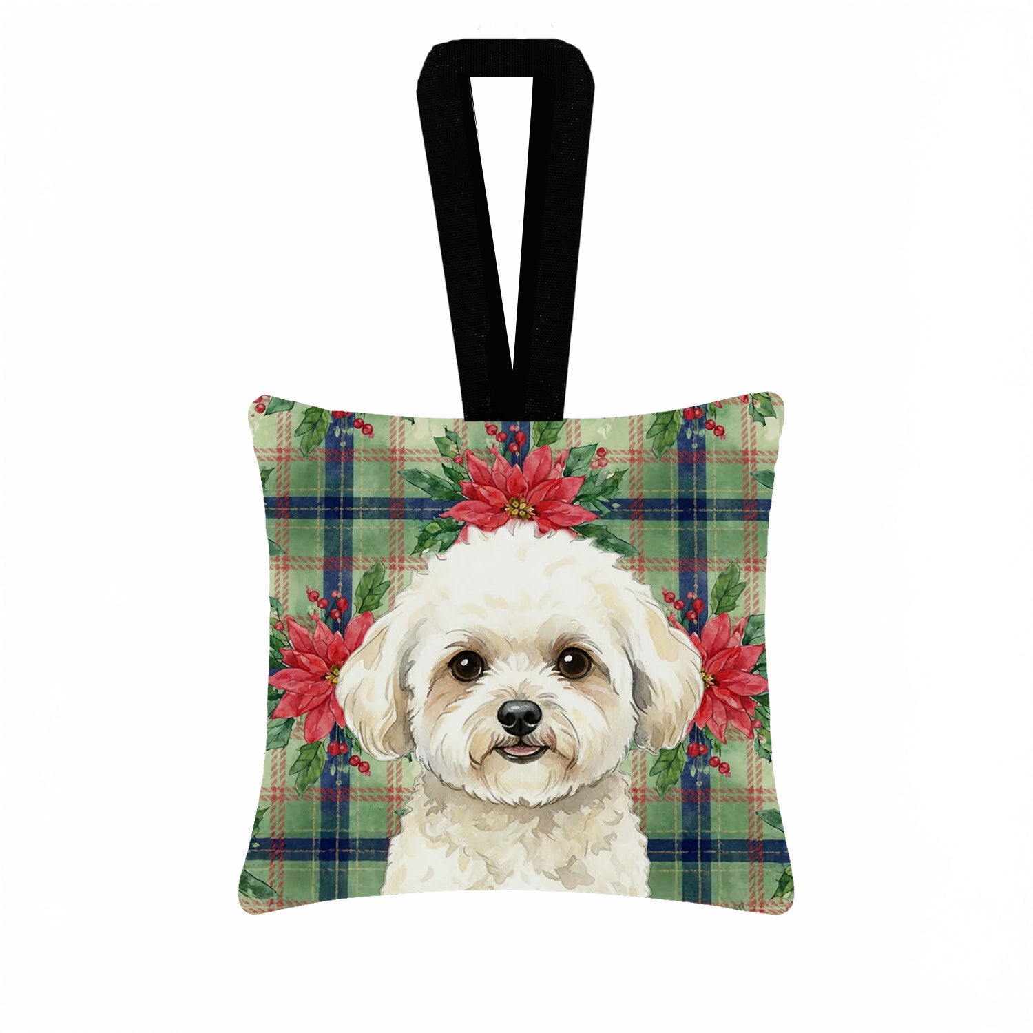 White and Cream Bichon Frise Christmas PoinsettIas Hanging Square Fabric Ornament 3.5 � 3.5 Decorative Door-Knob & Tree Hanger, Soft Fabric