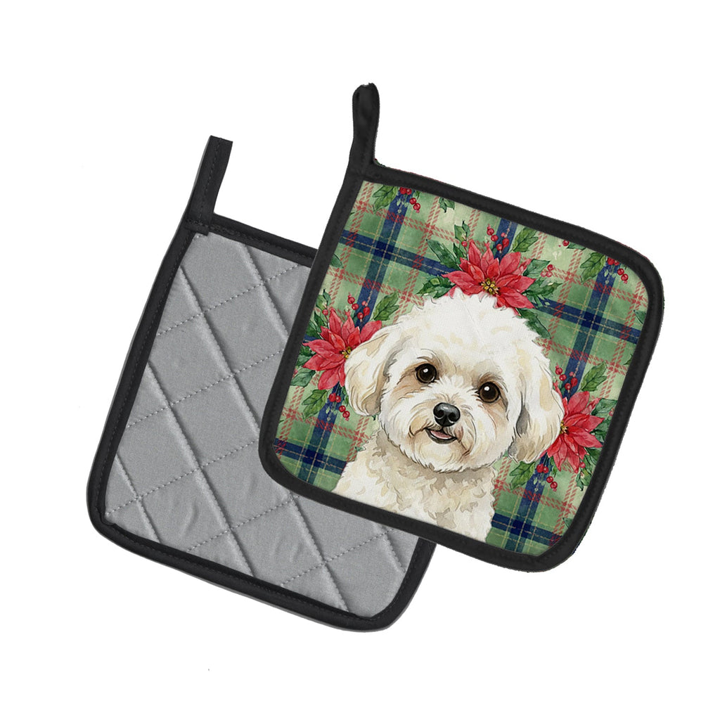 White and Cream Bichon Frise Christmas PoinsettIas Pot Holder Set of 2 Heat Resistant Quilted Hot Pads 7.5 x 7.5 Inch, Insulated Kitchen Trivets for Cooking & Baking