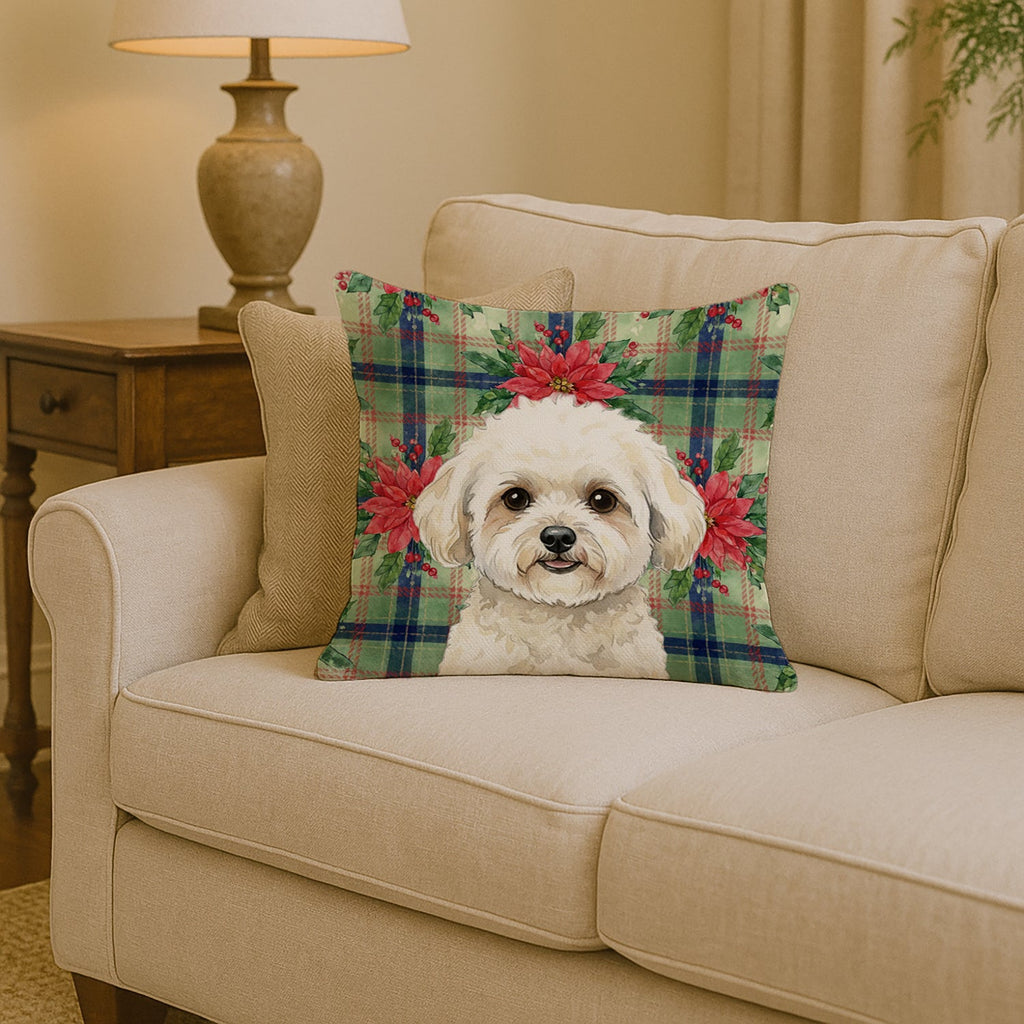 White and Cream Bichon Frise Christmas PoinsettIas Decorative Throw Pillow 14x14 Indoor Outdoor Accent Cushion, Fabric Cover with Insert for Sofa, Bed, Porch & Living Room