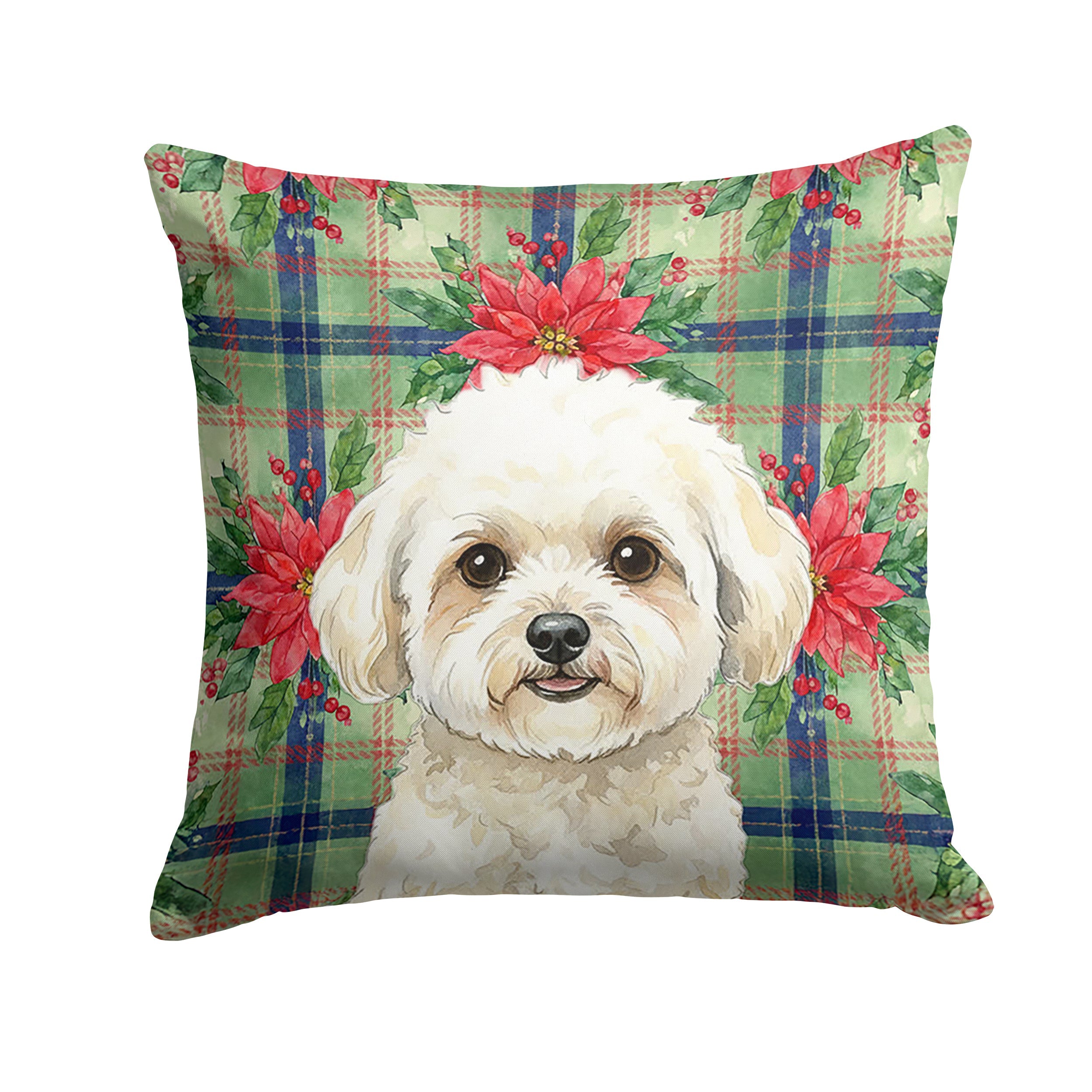 White and Cream Bichon Frise Christmas PoinsettIas Decorative Throw Pillow 18x18 Indoor Outdoor Accent Cushion, Fabric Cover with Insert for Sofa, Bed, Porch & Living Room