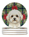White and Cream Bichon Frise Christmas PoinsettIas Large Sandstone Coasters Pack of 4 Absorbent Round Coasters Decor Gifts for Men or Women, 4 in, Multicolor