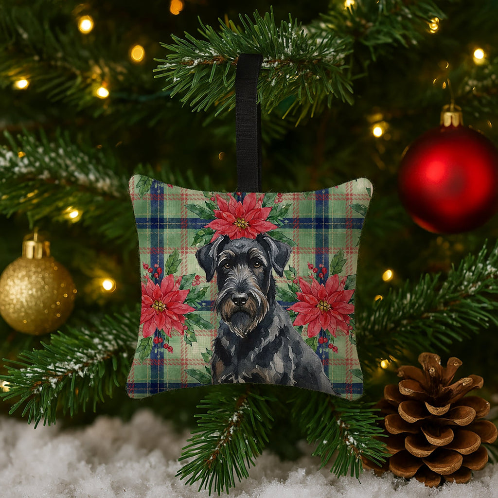Black Russian Terrier Christmas PoinsettIas Hanging Square Fabric Ornament 3.5 � 3.5 Decorative Door-Knob & Tree Hanger, Soft Fabric