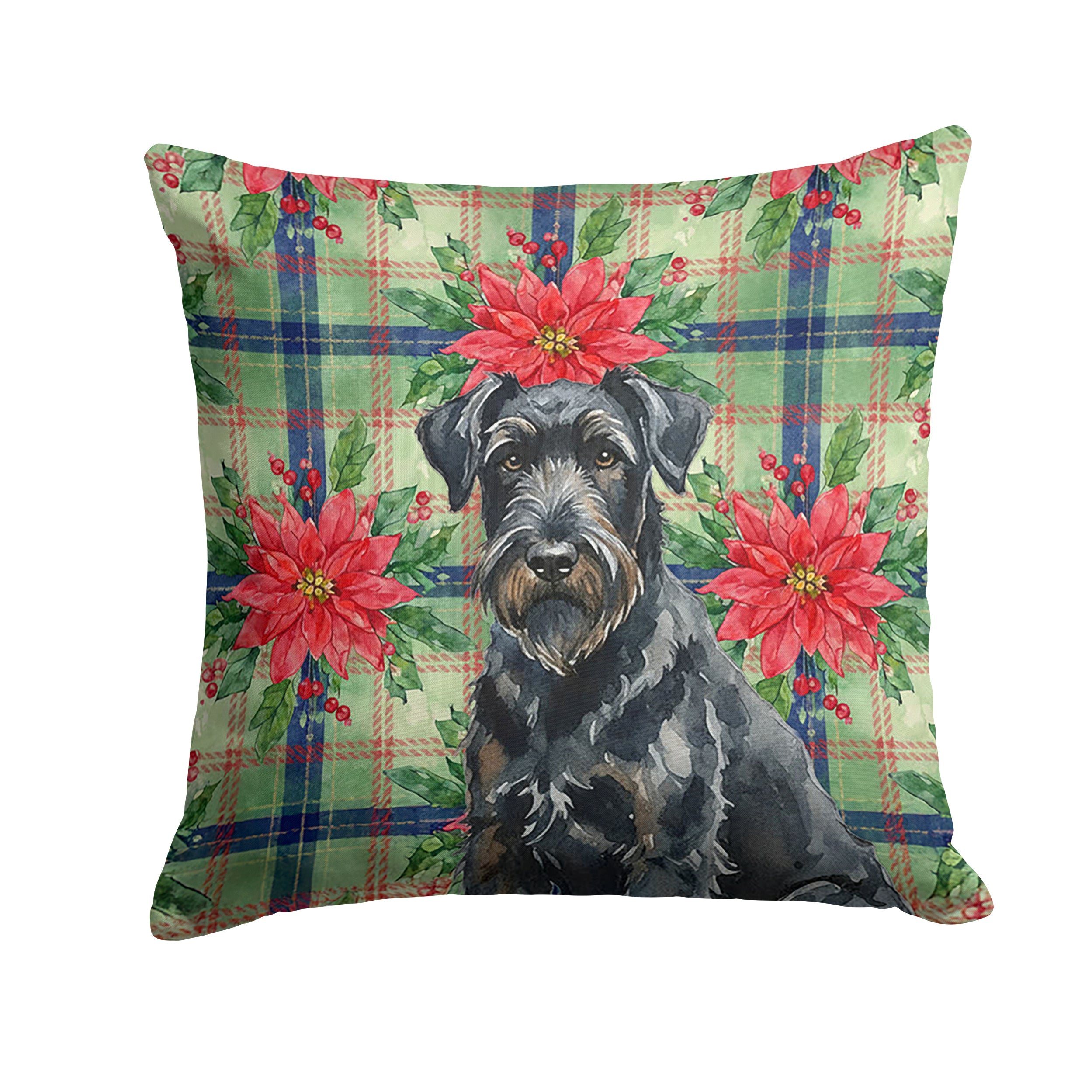 Black Russian Terrier Christmas PoinsettIas Decorative Throw Pillow 14x14 Indoor Outdoor Accent Cushion, Fabric Cover with Insert for Sofa, Bed, Porch & Living Room