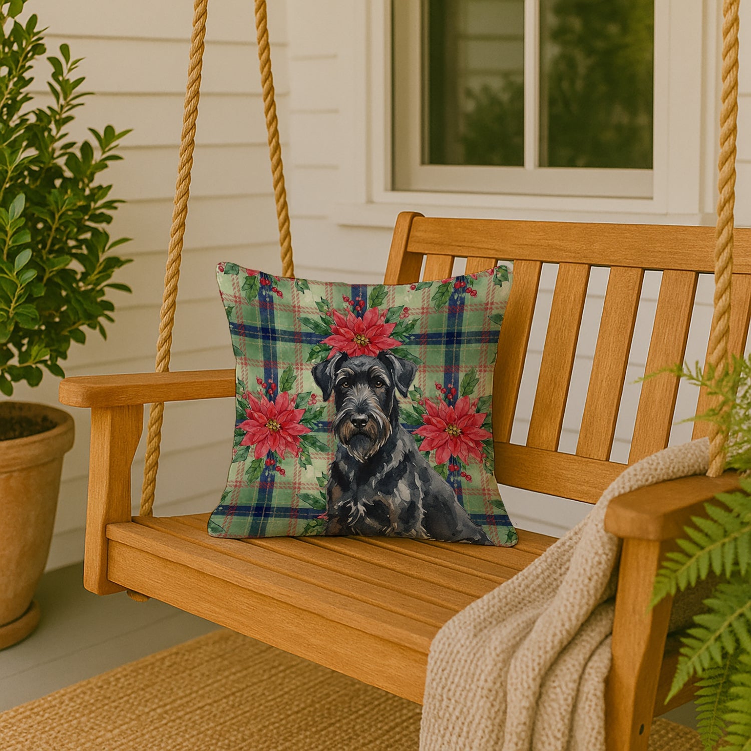 Black Russian Terrier Christmas PoinsettIas Decorative Throw Pillow 18x18 Indoor Outdoor Accent Cushion, Fabric Cover with Insert for Sofa, Bed, Porch & Living Room