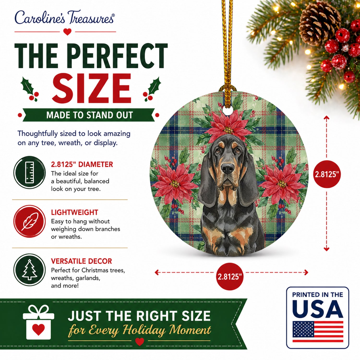 Black and Tan Bloodhound Christmas PoinsettIas Ceramic Ornament Christmas Tree Hanging Decorations for Home Christmas Holiday, Party, Gift, 3 in, Multicolor