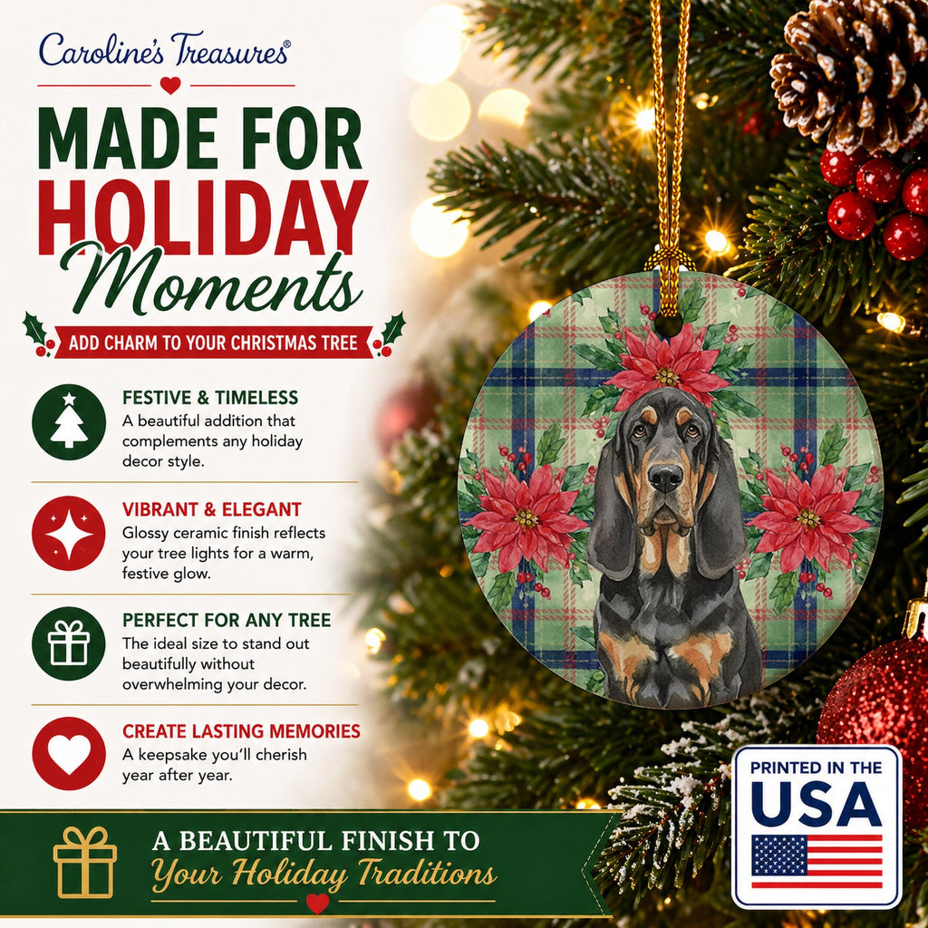 Black and Tan Bloodhound Christmas PoinsettIas Ceramic Ornament Christmas Tree Hanging Decorations for Home Christmas Holiday, Party, Gift, 3 in, Multicolor