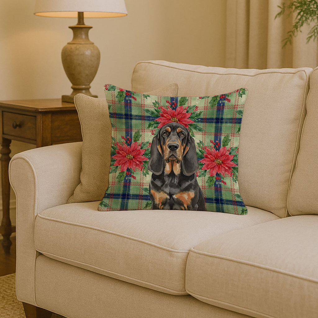 Black and Tan Bloodhound Christmas PoinsettIas Decorative Throw Pillow 14x14 Indoor Outdoor Accent Cushion, Fabric Cover with Insert for Sofa, Bed, Porch & Living Room