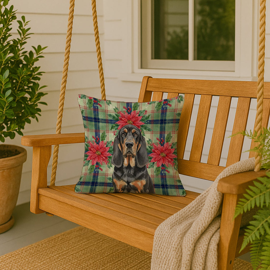 Black and Tan Bloodhound Christmas PoinsettIas Decorative Throw Pillow 18x18 Indoor Outdoor Accent Cushion, Fabric Cover with Insert for Sofa, Bed, Porch & Living Room