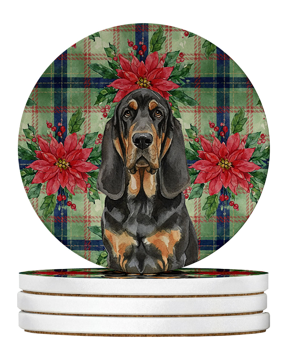 Black and Tan Bloodhound Christmas PoinsettIas Large Sandstone Coasters Pack of 4 Absorbent Round Coasters Decor Gifts for Men or Women, 4 in, Multicolor