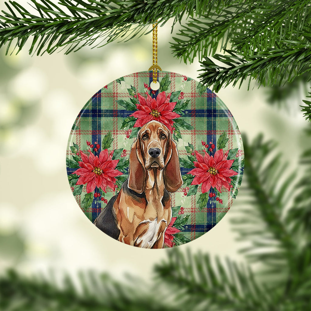 Liver and Tan Bloodhound Christmas PoinsettIas Ceramic Ornament Christmas Tree Hanging Decorations for Home Christmas Holiday, Party, Gift, 3 in, Multicolor