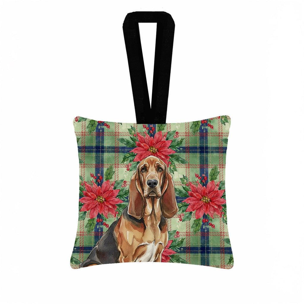 Liver and Tan Bloodhound Christmas PoinsettIas Hanging Square Fabric Ornament 3.5 � 3.5 Decorative Door-Knob & Tree Hanger, Soft Fabric
