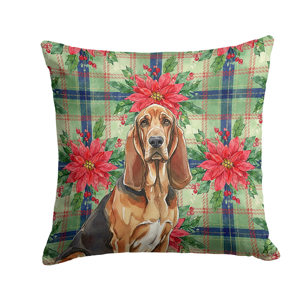 Liver and Tan Bloodhound Christmas PoinsettIas Decorative Throw Pillow 14x14 Indoor Outdoor Accent Cushion, Fabric Cover with Insert for Sofa, Bed, Porch & Living Room