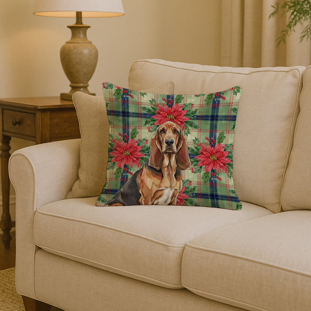 Liver and Tan Bloodhound Christmas PoinsettIas Decorative Throw Pillow 14x14 Indoor Outdoor Accent Cushion, Fabric Cover with Insert for Sofa, Bed, Porch & Living Room