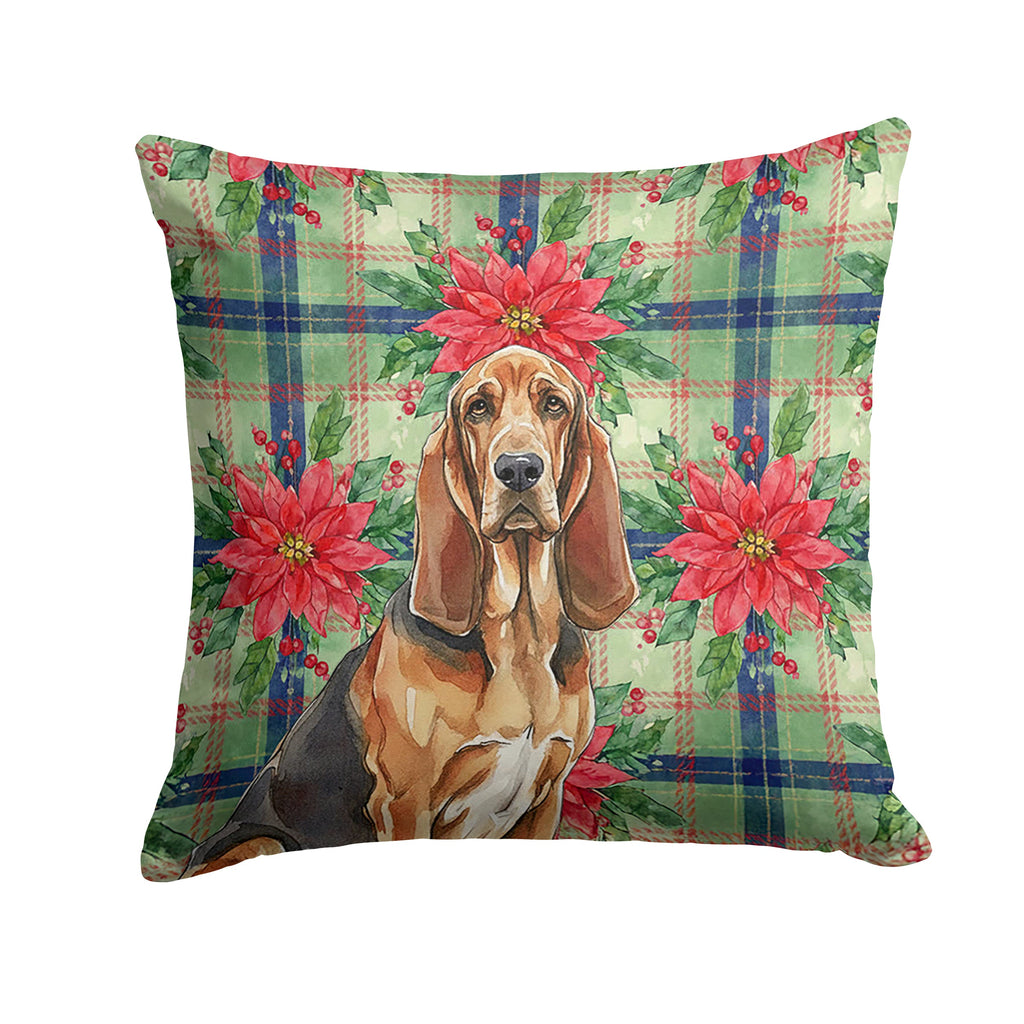 Liver and Tan Bloodhound Christmas PoinsettIas Decorative Throw Pillow 18x18 Indoor Outdoor Accent Cushion, Fabric Cover with Insert for Sofa, Bed, Porch & Living Room