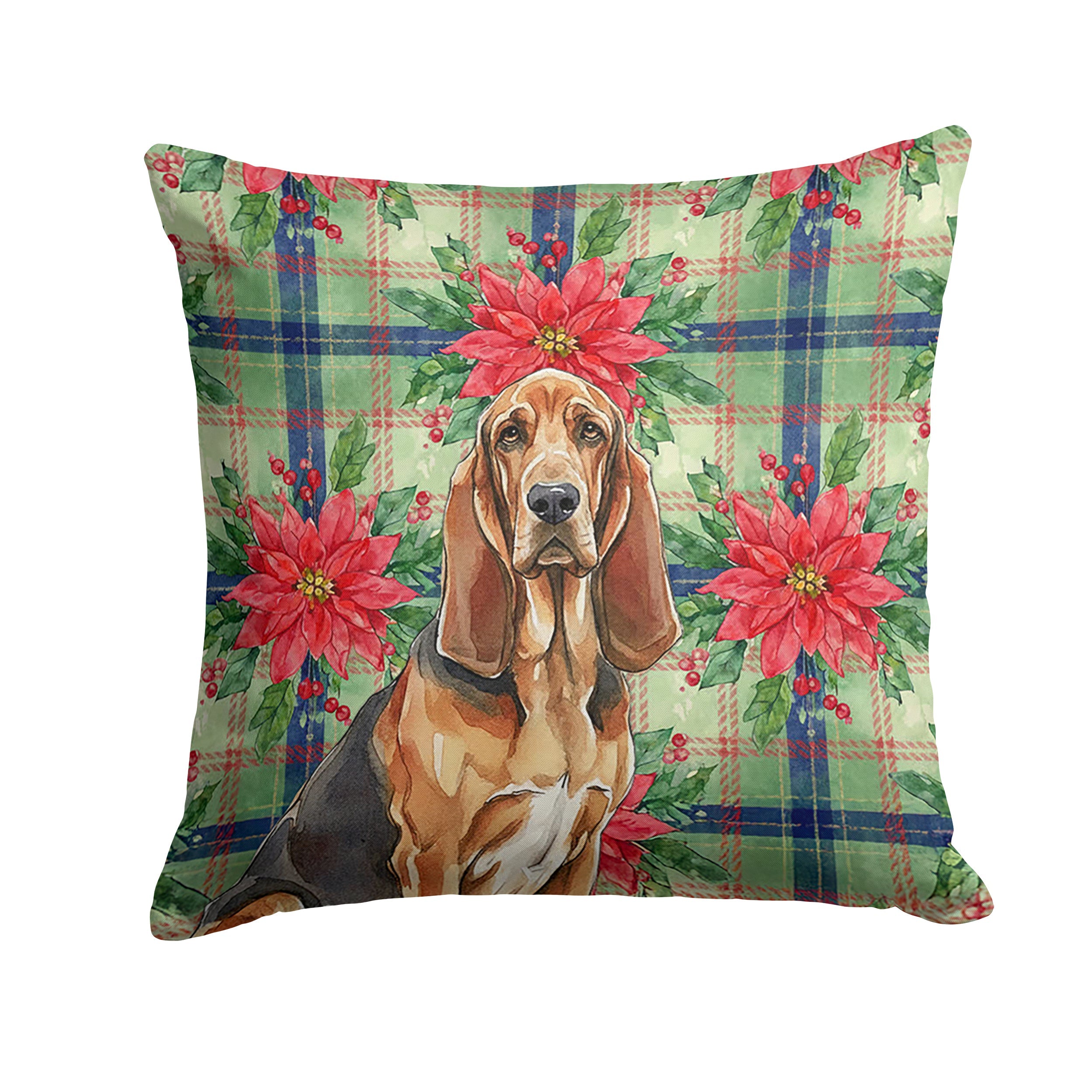 Liver and Tan Bloodhound Christmas PoinsettIas Decorative Throw Pillow 18x18 Indoor Outdoor Accent Cushion, Fabric Cover with Insert for Sofa, Bed, Porch & Living Room