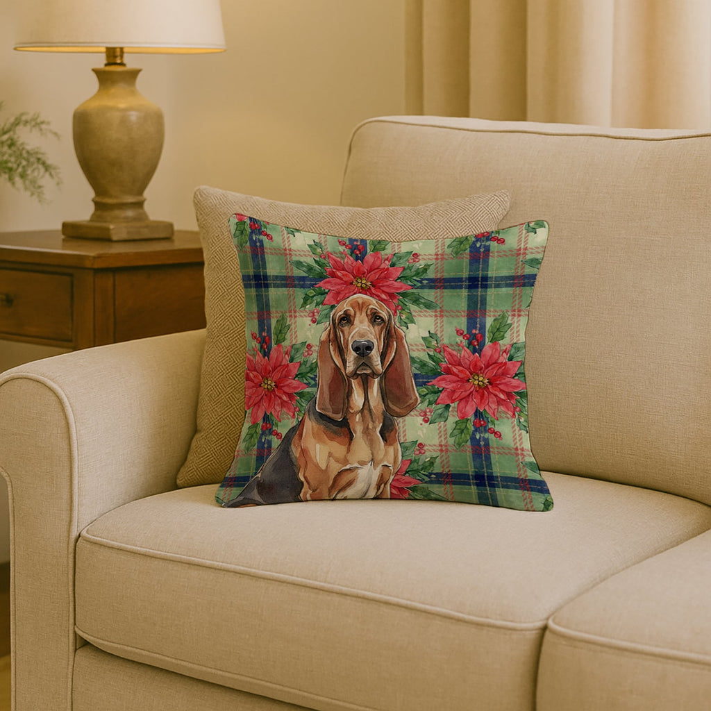 Liver and Tan Bloodhound Christmas PoinsettIas Decorative Throw Pillow 18x18 Indoor Outdoor Accent Cushion, Fabric Cover with Insert for Sofa, Bed, Porch & Living Room