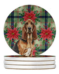 Liver and Tan Bloodhound Christmas PoinsettIas Large Sandstone Coasters Pack of 4 Absorbent Round Coasters Decor Gifts for Men or Women, 4 in, Multicolor