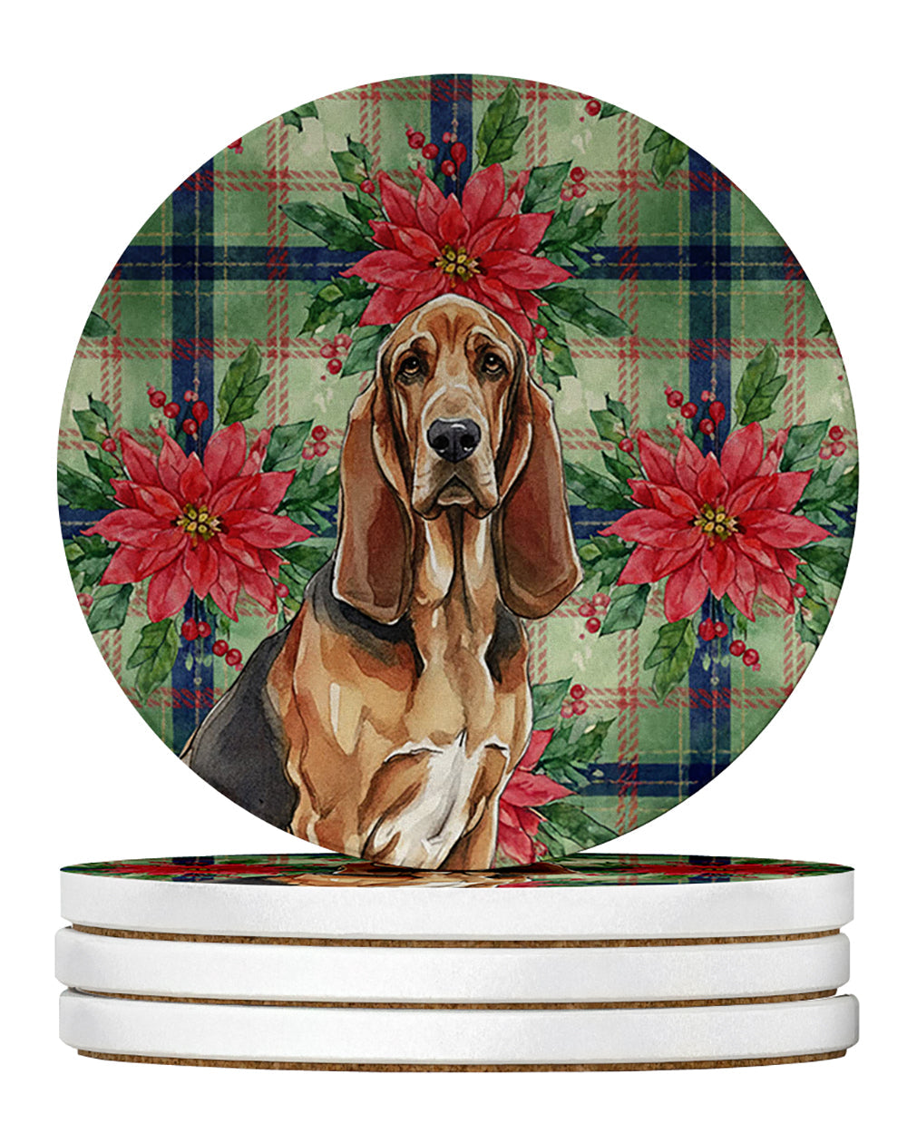 Liver and Tan Bloodhound Christmas PoinsettIas Large Sandstone Coasters Pack of 4 Absorbent Round Coasters Decor Gifts for Men or Women, 4 in, Multicolor