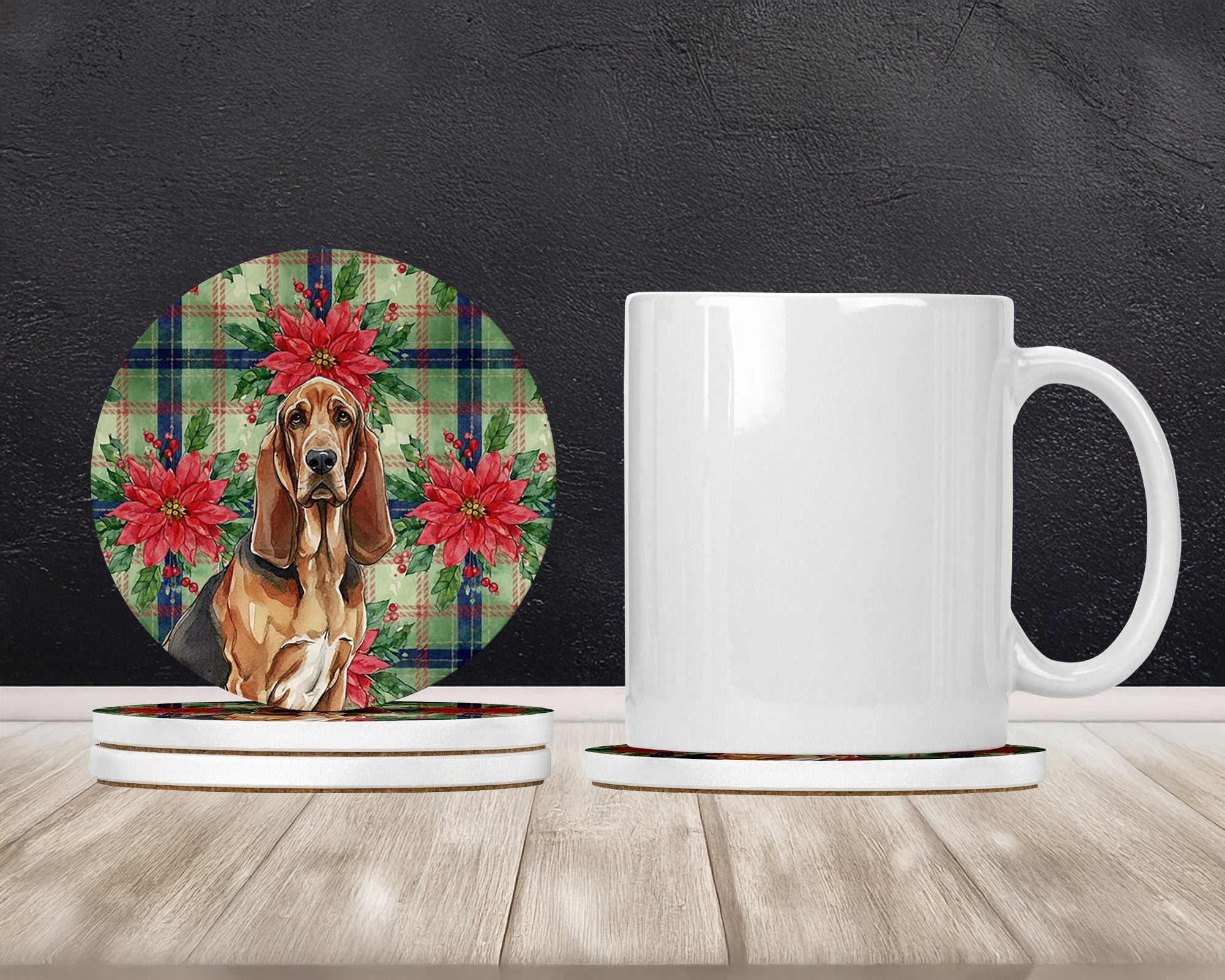 Liver and Tan Bloodhound Christmas PoinsettIas Large Sandstone Coasters Pack of 4 Absorbent Round Coasters Decor Gifts for Men or Women, 4 in, Multicolor