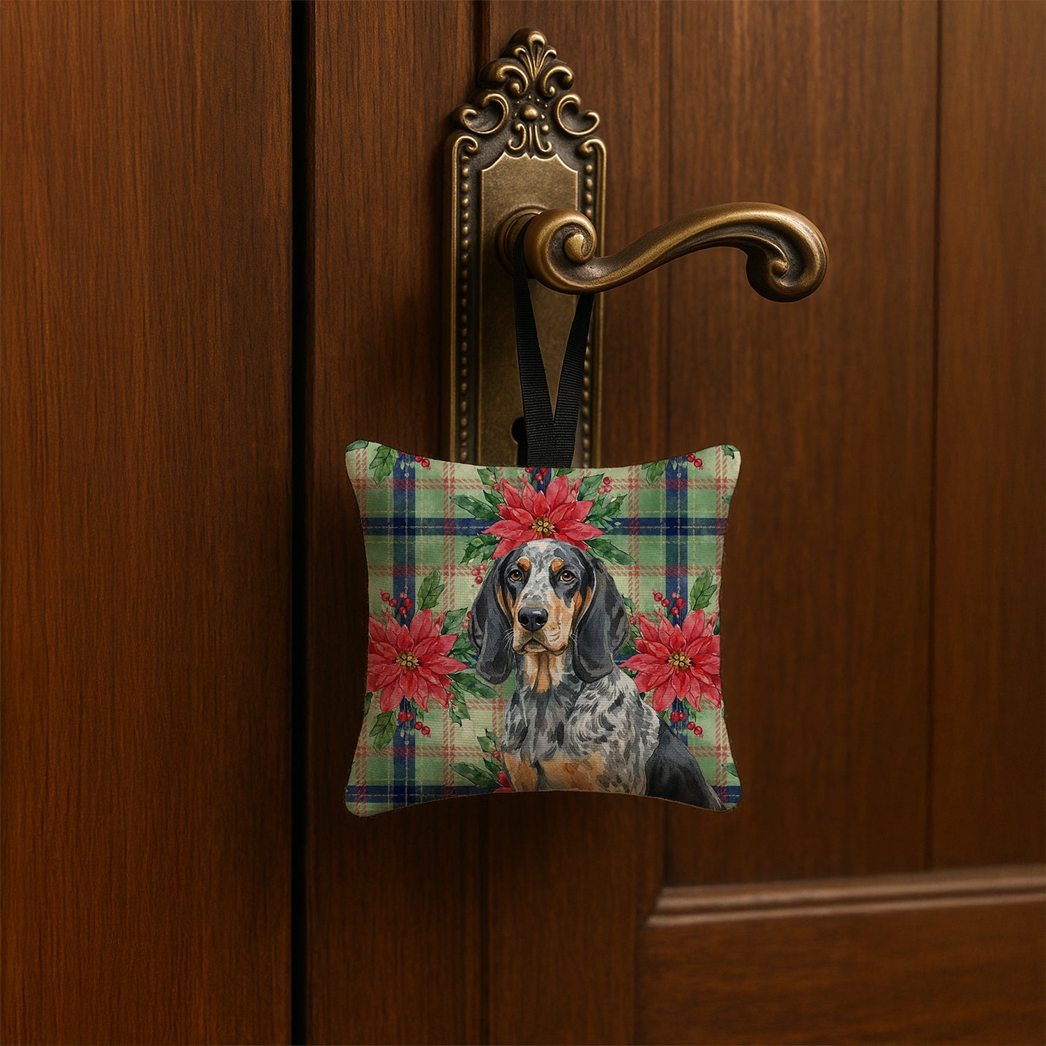 Bluetick Coonhound Christmas PoinsettIas Hanging Square Fabric Ornament 3.5 � 3.5 Decorative Door-Knob & Tree Hanger, Soft Fabric