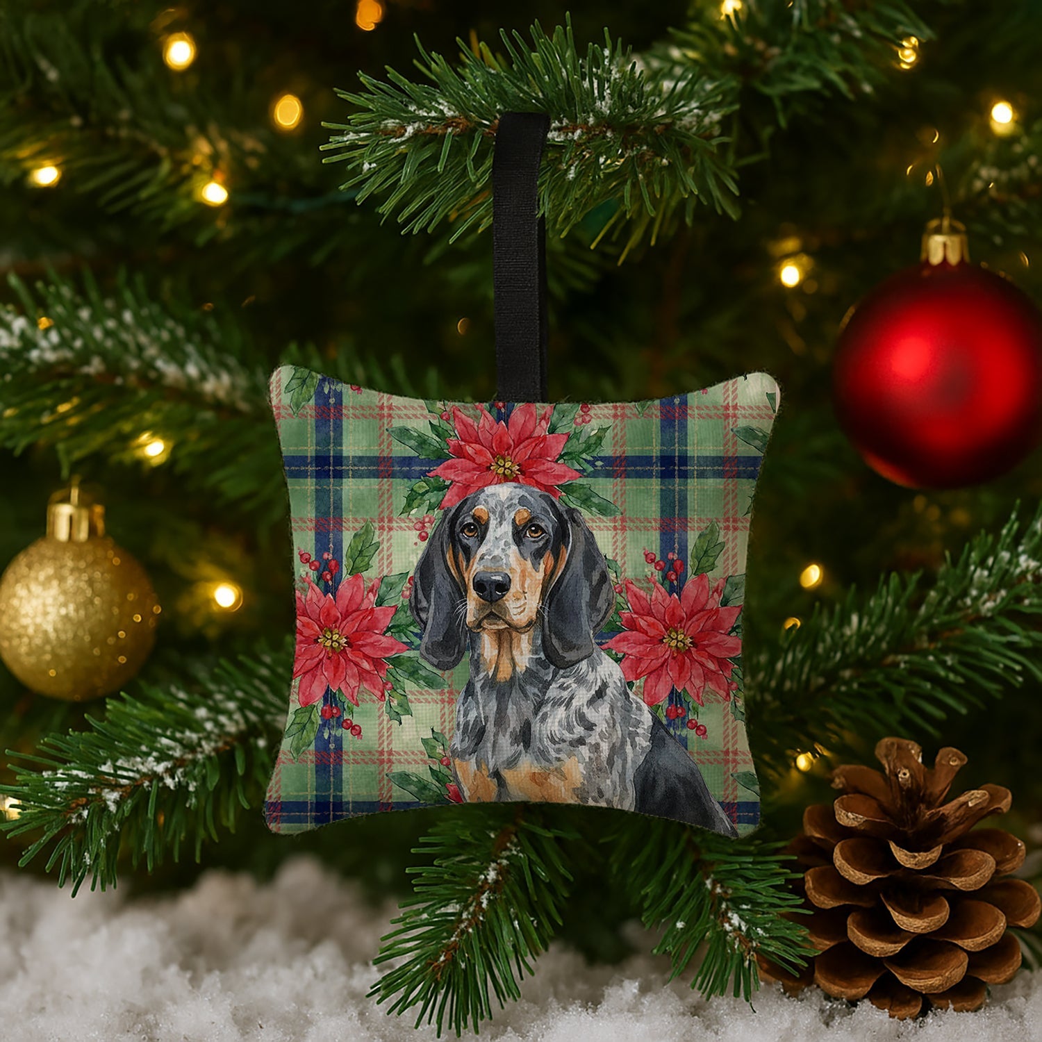 Bluetick Coonhound Christmas PoinsettIas Hanging Square Fabric Ornament 3.5 � 3.5 Decorative Door-Knob & Tree Hanger, Soft Fabric