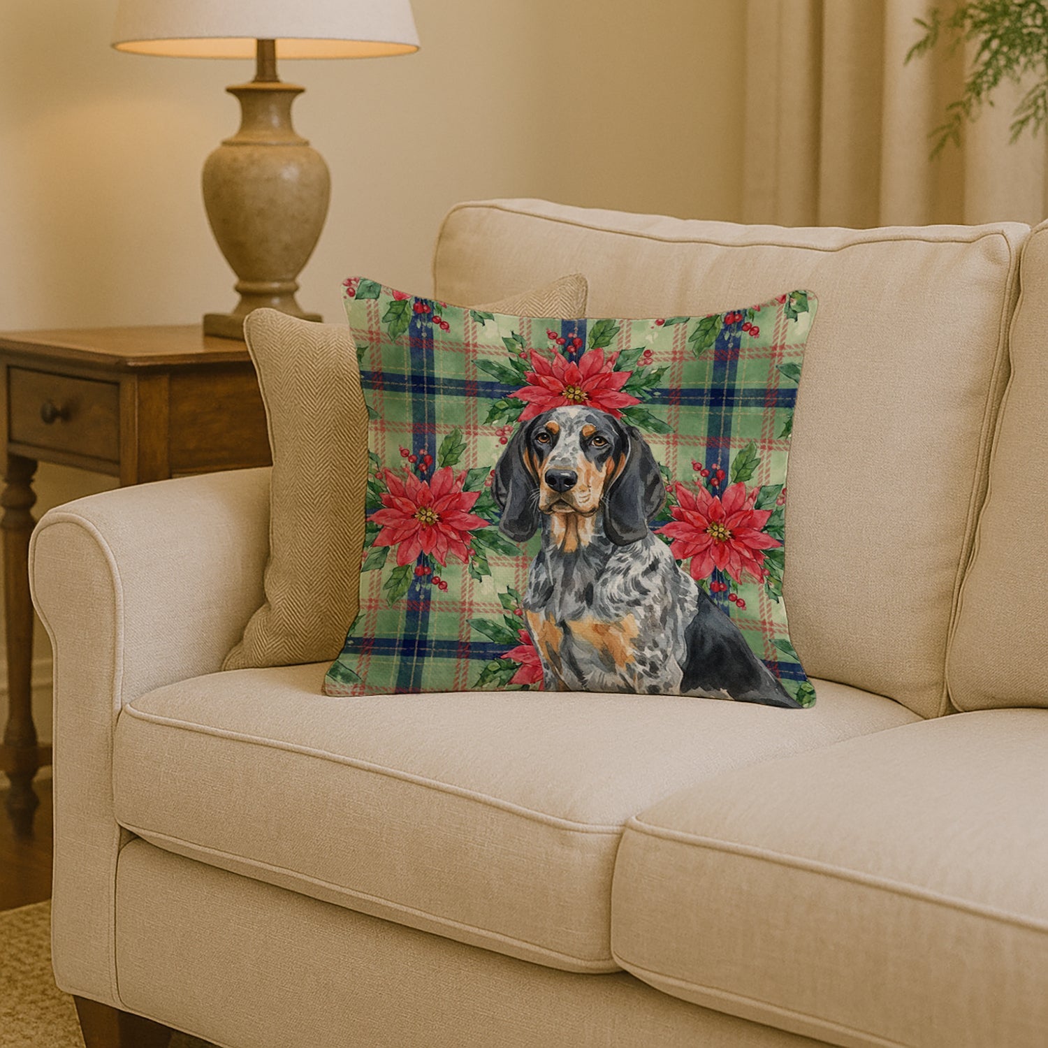 Bluetick Coonhound Christmas PoinsettIas Decorative Throw Pillow 14x14 Indoor Outdoor Accent Cushion, Fabric Cover with Insert for Sofa, Bed, Porch & Living Room