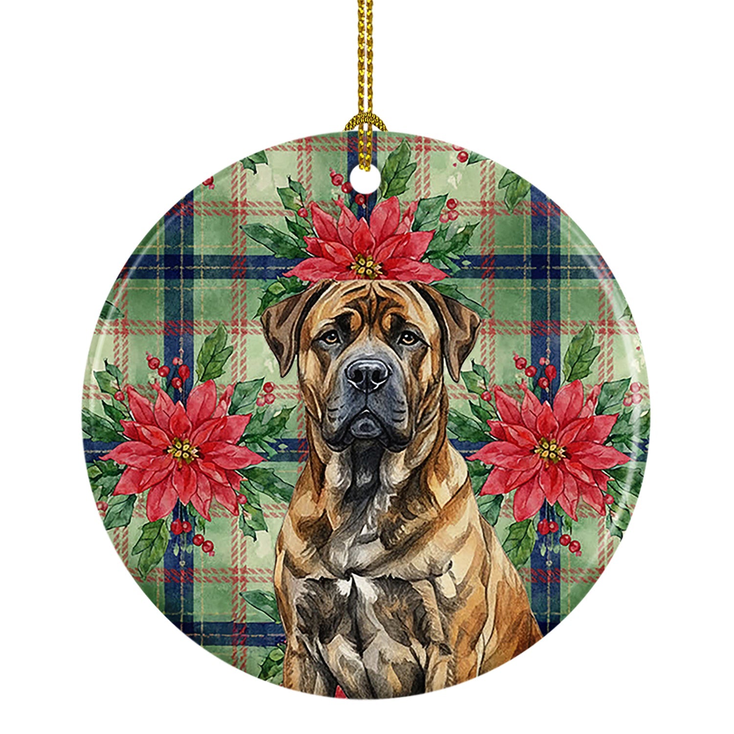 Brindle Boerboel Christmas PoinsettIas Ceramic Ornament Christmas Tree Hanging Decorations for Home Christmas Holiday, Party, Gift, 3 in, Multicolor