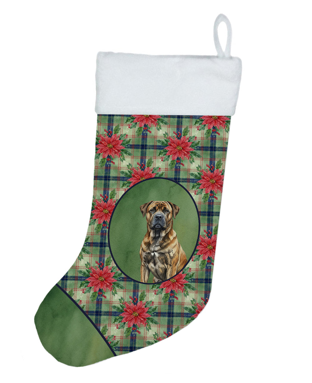 Brindle Boerboel Christmas PoinsettIas Holiday Stocking Double-Sided Print, Polyester Suede,11x18, Made in USA