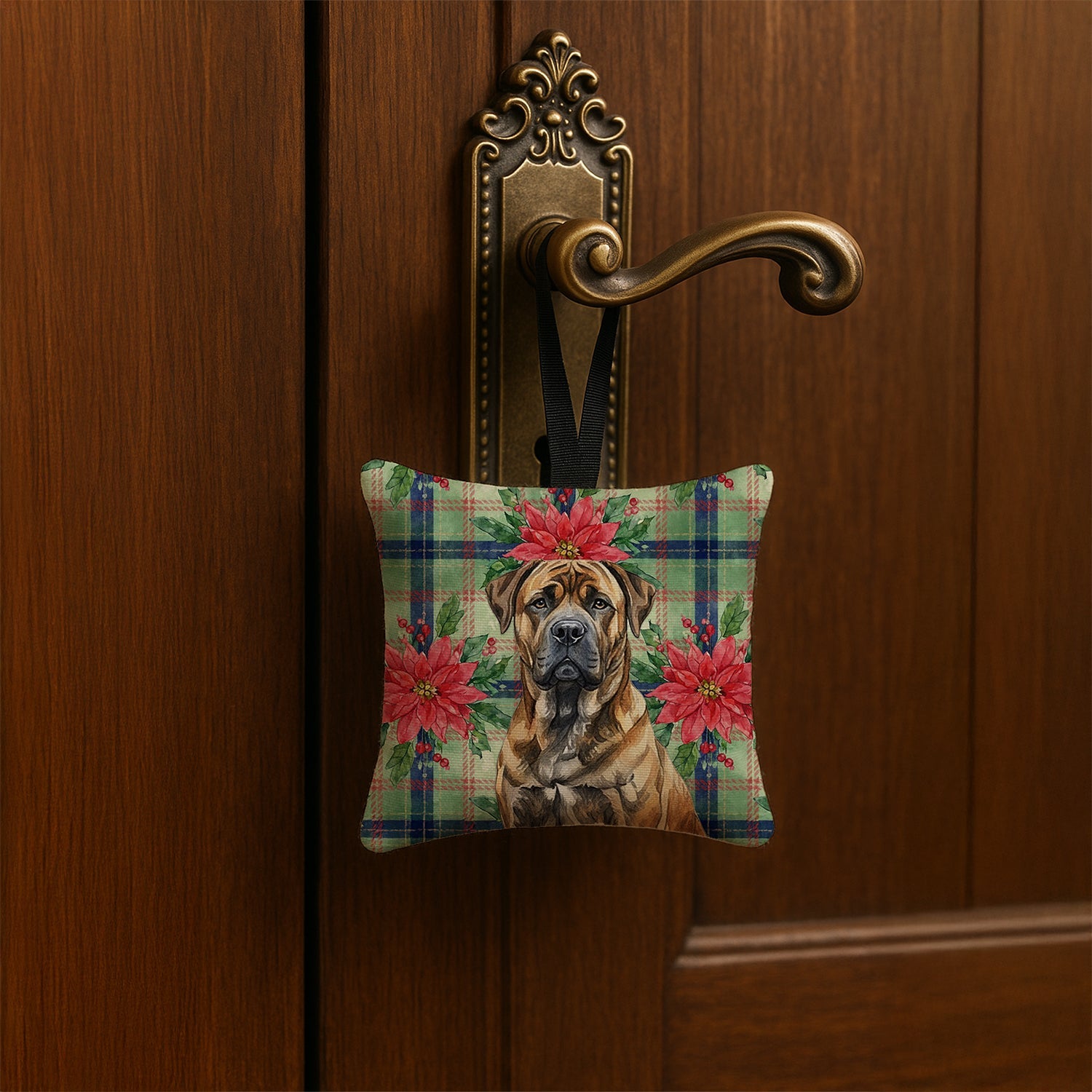 Brindle Boerboel Christmas PoinsettIas Hanging Square Fabric Ornament 3.5 � 3.5 Decorative Door-Knob & Tree Hanger, Soft Fabric