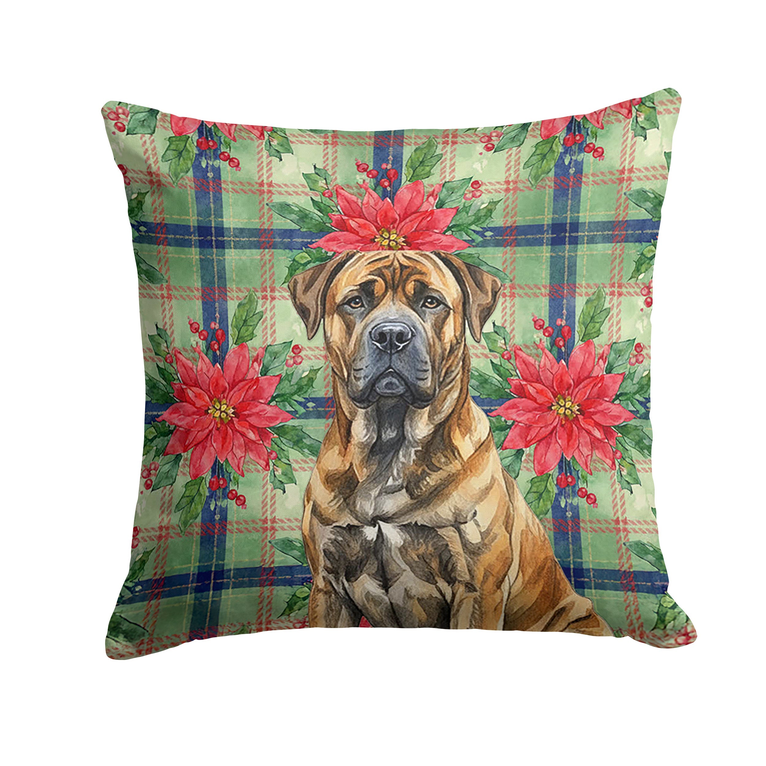 Brindle Boerboel Christmas PoinsettIas Decorative Throw Pillow 14x14 Indoor Outdoor Accent Cushion, Fabric Cover with Insert for Sofa, Bed, Porch & Living Room