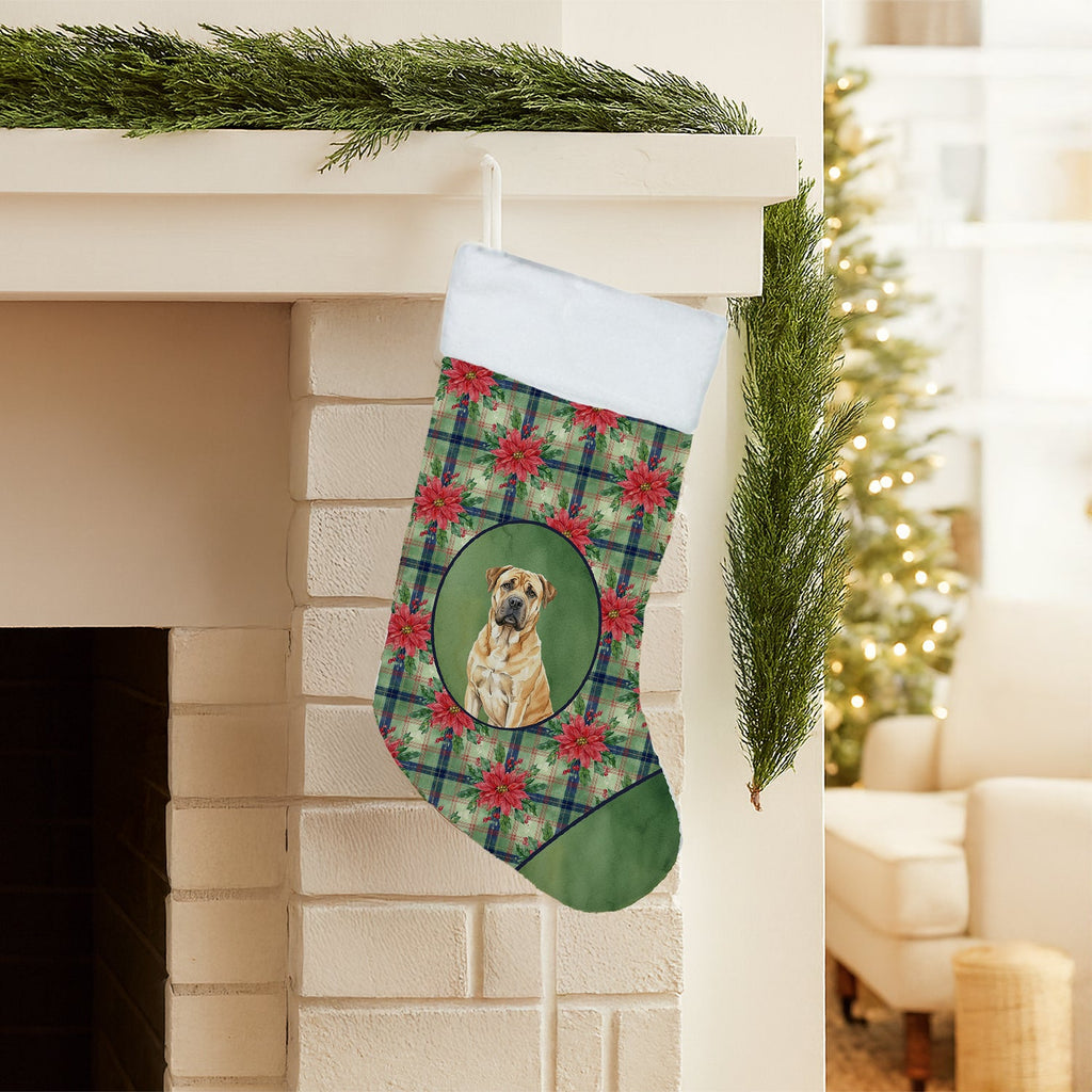 Fawn Boerboel Christmas PoinsettIas Holiday Stocking Double-Sided Print, Polyester Suede,11x18, Made in USA