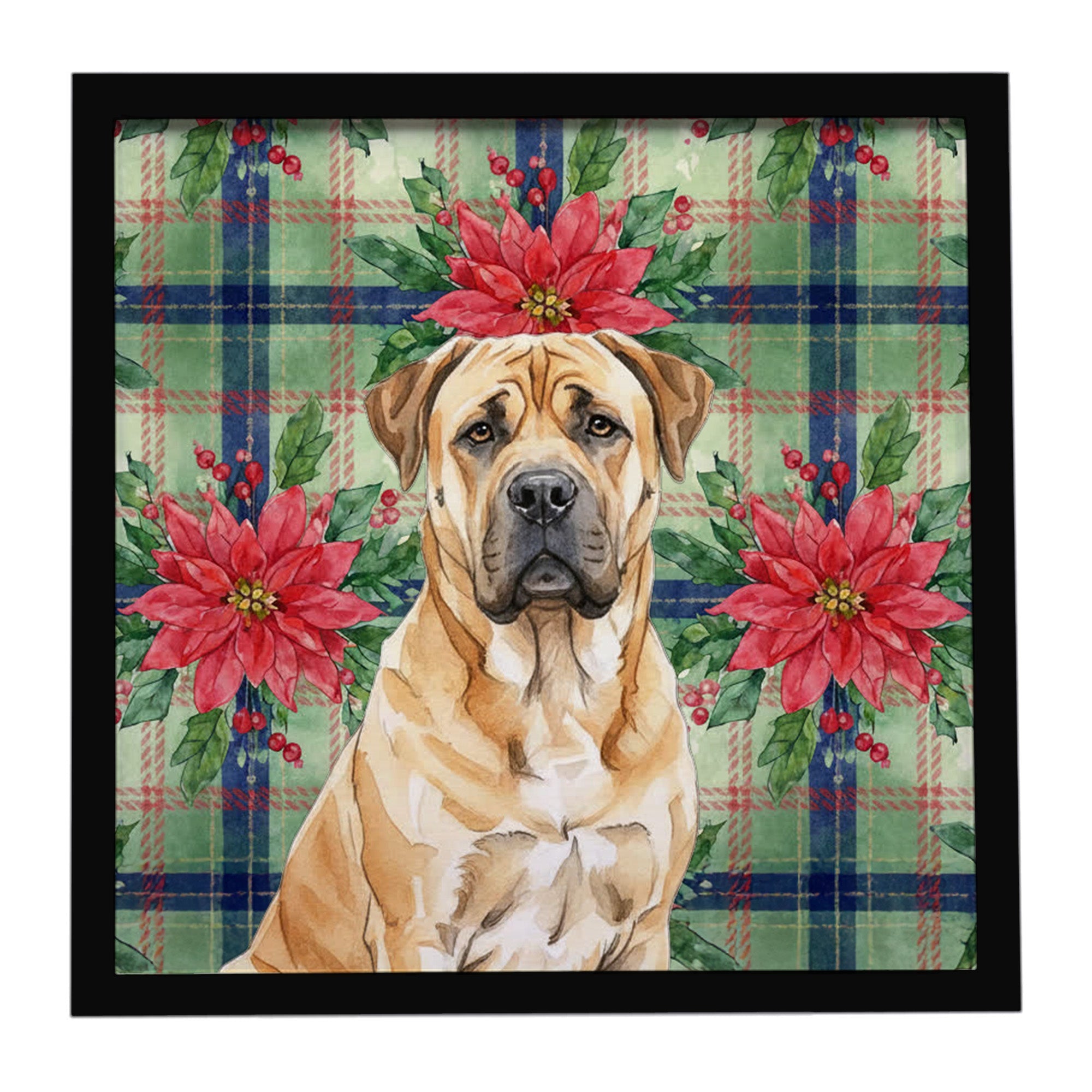 Fawn Boerboel Christmas PoinsettIas Framed Metal Print Bathroom, Kitchen, Office, Home Decor Wall Art Ready to Hang, Square, 8X8