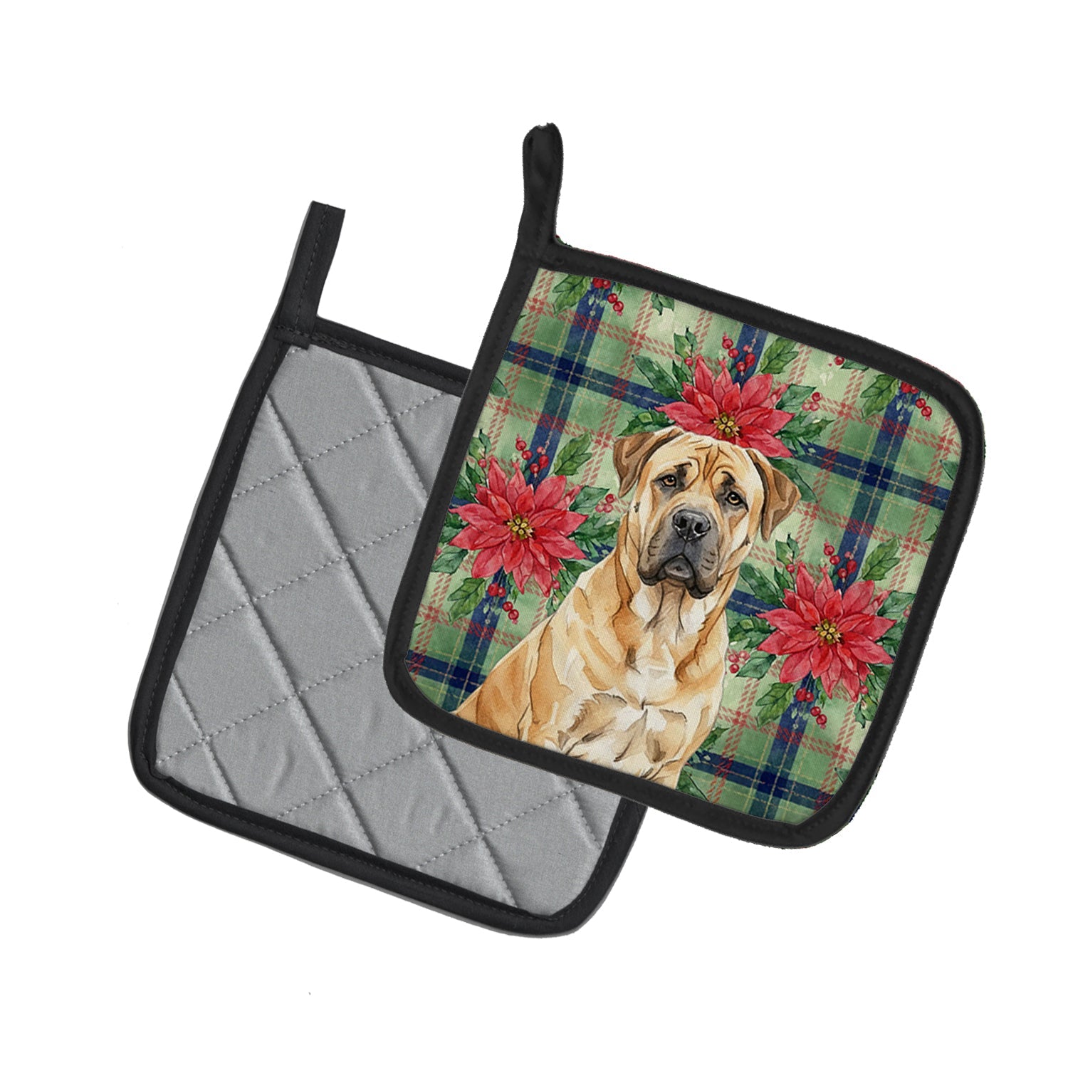 Fawn Boerboel Christmas PoinsettIas Pot Holder Set of 2 Heat Resistant Quilted Hot Pads 7.5 x 7.5 Inch, Insulated Kitchen Trivets for Cooking & Baking
