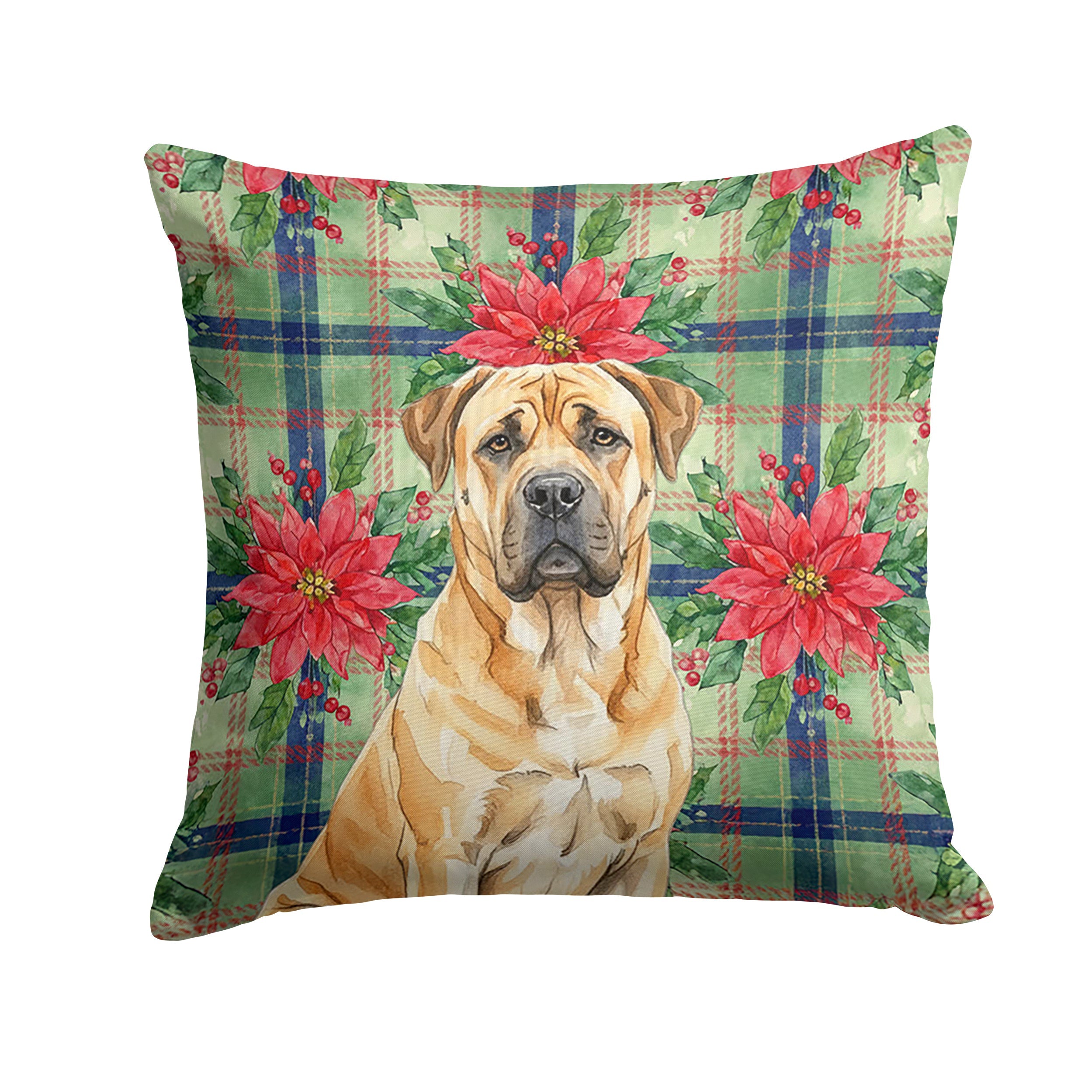 Fawn Boerboel Christmas PoinsettIas Decorative Throw Pillow 18x18 Indoor Outdoor Accent Cushion, Fabric Cover with Insert for Sofa, Bed, Porch & Living Room