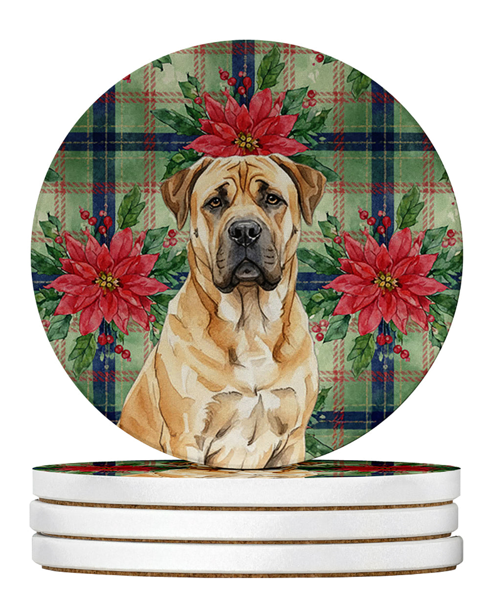 Fawn Boerboel Christmas PoinsettIas Large Sandstone Coasters Pack of 4 Absorbent Round Coasters Decor Gifts for Men or Women, 4 in, Multicolor