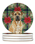 Fawn Boerboel Christmas PoinsettIas Large Sandstone Coasters Pack of 4 Absorbent Round Coasters Decor Gifts for Men or Women, 4 in, Multicolor