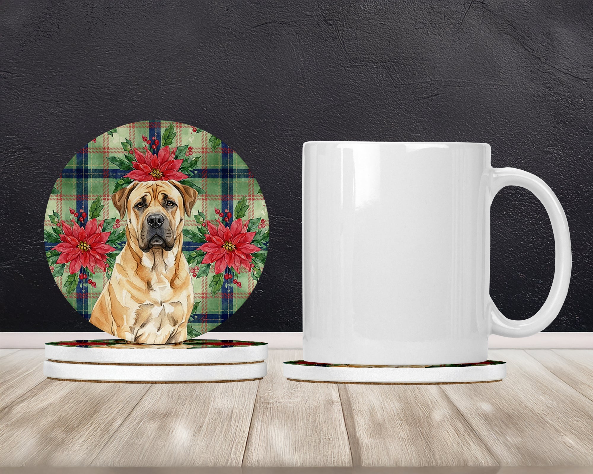 Fawn Boerboel Christmas PoinsettIas Large Sandstone Coasters Pack of 4 Absorbent Round Coasters Decor Gifts for Men or Women, 4 in, Multicolor