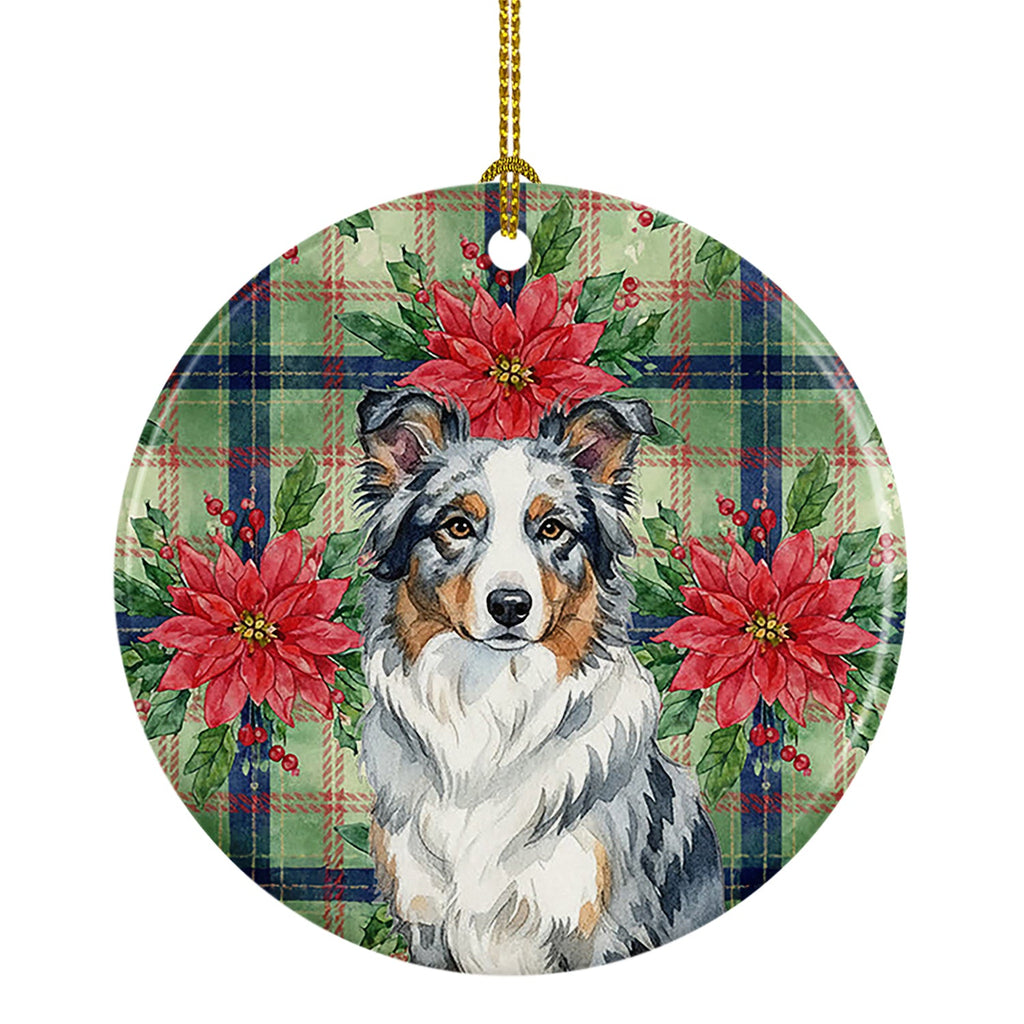 Blue Merle Border Collie Christmas PoinsettIas Ceramic Ornament Christmas Tree Hanging Decorations for Home Christmas Holiday, Party, Gift, 3 in, Multicolor
