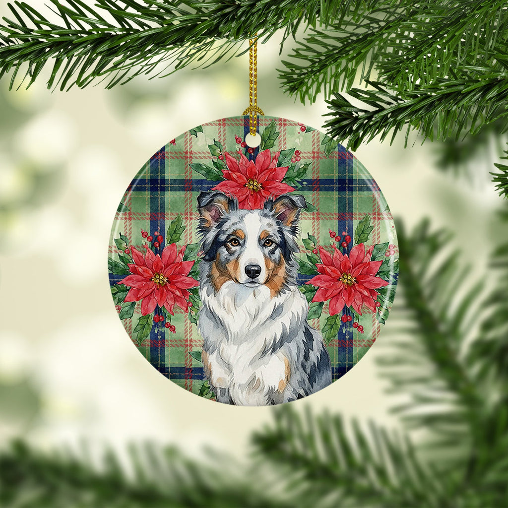 Blue Merle Border Collie Christmas PoinsettIas Ceramic Ornament Christmas Tree Hanging Decorations for Home Christmas Holiday, Party, Gift, 3 in, Multicolor