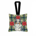Blue Merle Border Collie Christmas PoinsettIas Hanging Square Fabric Ornament 3.5 � 3.5 Decorative Door-Knob & Tree Hanger, Soft Fabric