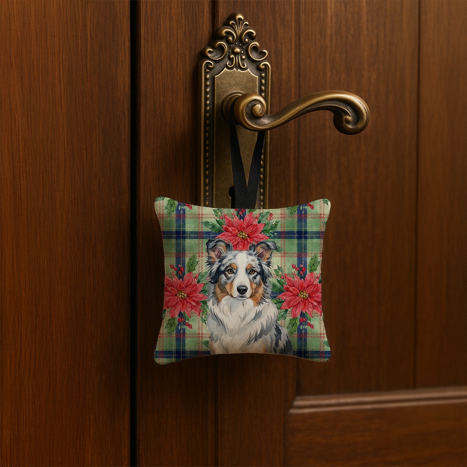 Blue Merle Border Collie Christmas PoinsettIas Hanging Square Fabric Ornament 3.5 � 3.5 Decorative Door-Knob & Tree Hanger, Soft Fabric
