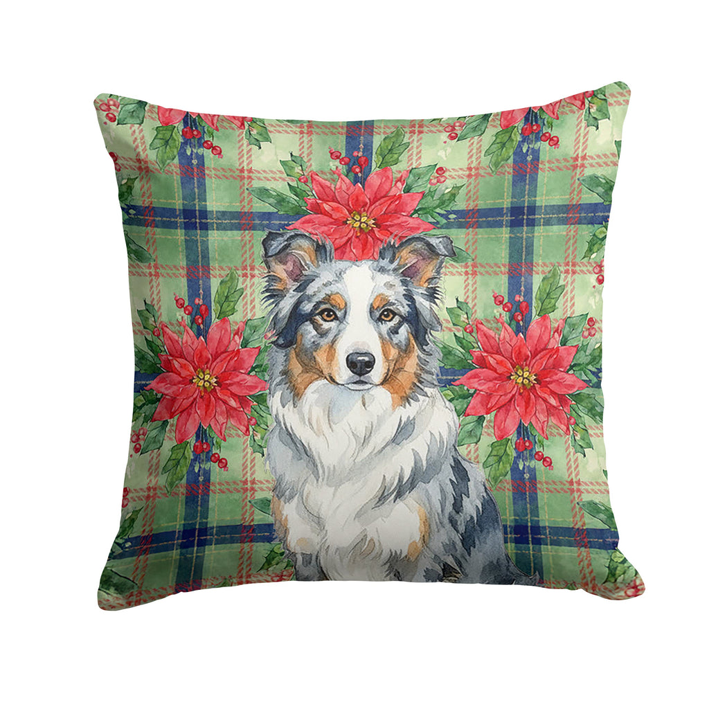 Blue Merle Border Collie Christmas PoinsettIas Decorative Throw Pillow 14x14 Indoor Outdoor Accent Cushion, Fabric Cover with Insert for Sofa, Bed, Porch & Living Room