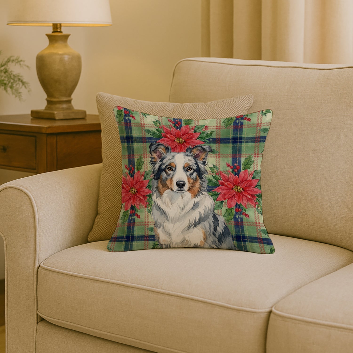 Blue Merle Border Collie Christmas PoinsettIas Decorative Throw Pillow 18x18 Indoor Outdoor Accent Cushion, Fabric Cover with Insert for Sofa, Bed, Porch & Living Room