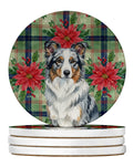 Blue Merle Border Collie Christmas PoinsettIas Large Sandstone Coasters Pack of 4 Absorbent Round Coasters Decor Gifts for Men or Women, 4 in, Multicolor