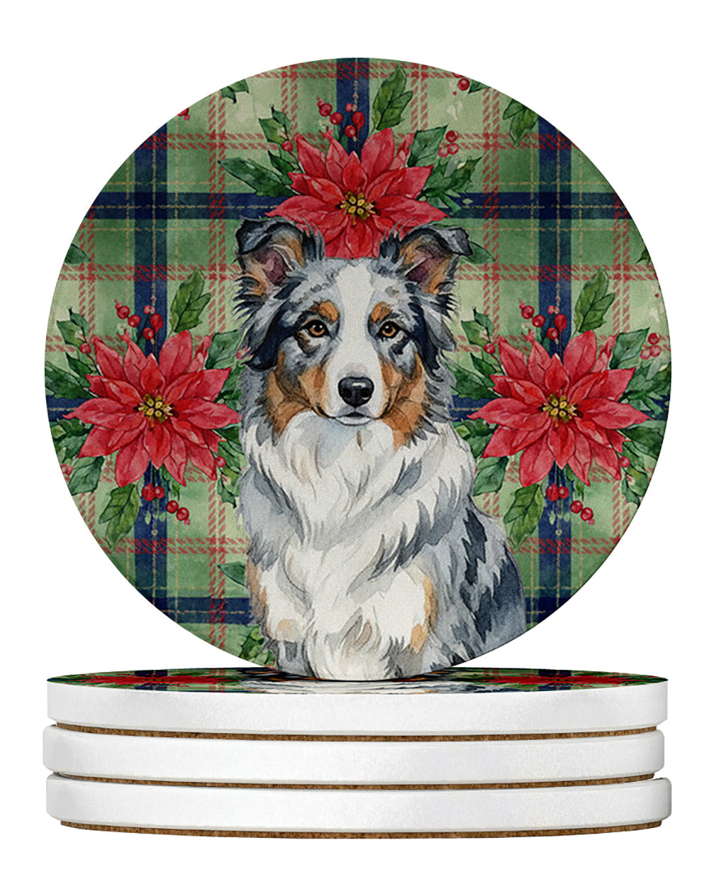 Blue Merle Border Collie Christmas PoinsettIas Large Sandstone Coasters Pack of 4 Absorbent Round Coasters Decor Gifts for Men or Women, 4 in, Multicolor