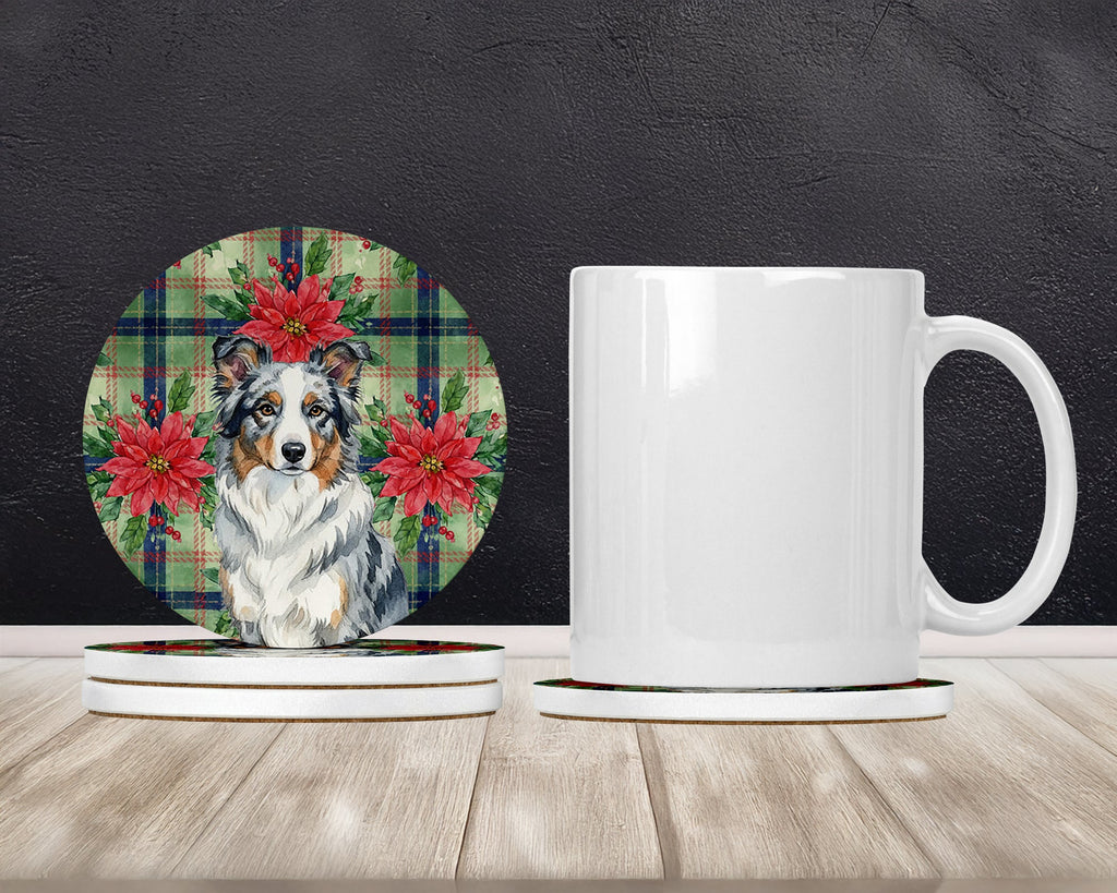 Blue Merle Border Collie Christmas PoinsettIas Large Sandstone Coasters Pack of 4 Absorbent Round Coasters Decor Gifts for Men or Women, 4 in, Multicolor