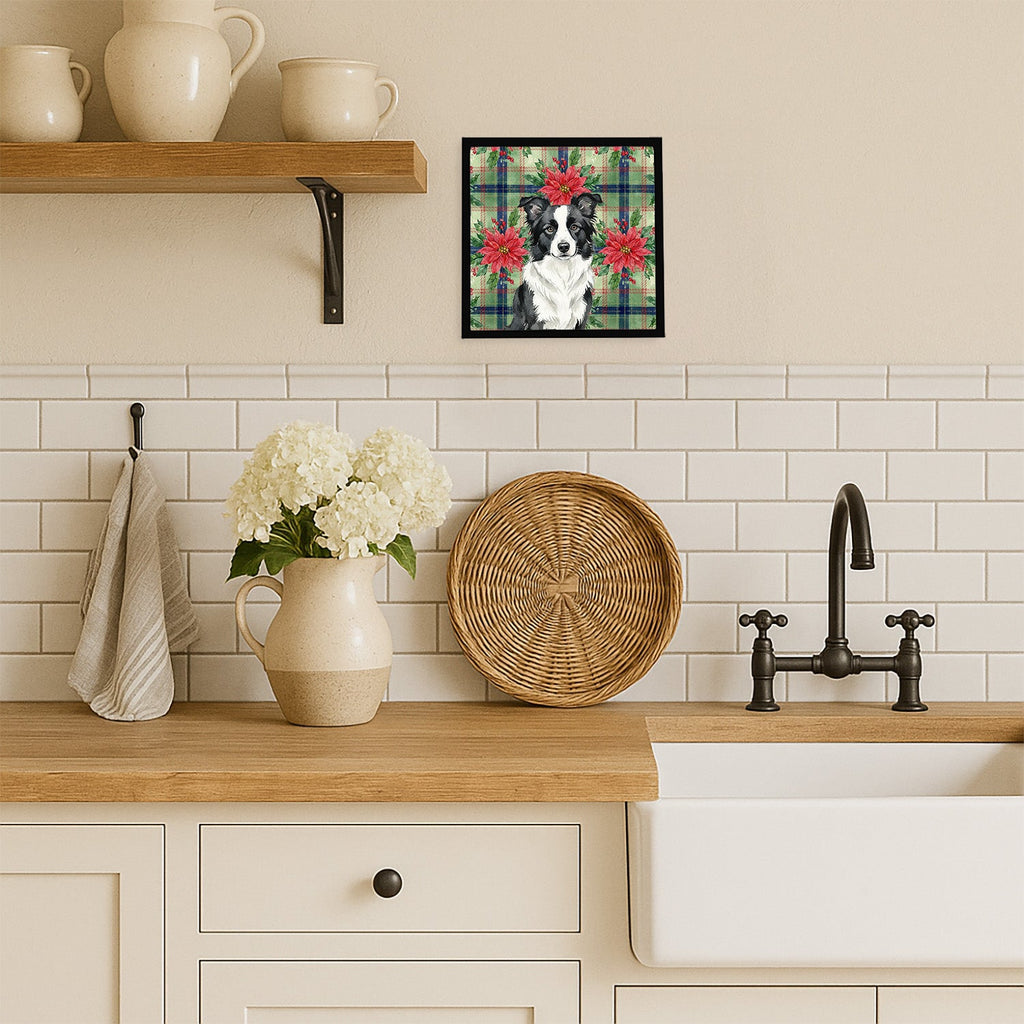 Border Collie Christmas PoinsettIas Framed Metal Print Bathroom, Kitchen, Office, Home Decor Wall Art Ready to Hang, Square, 8X8